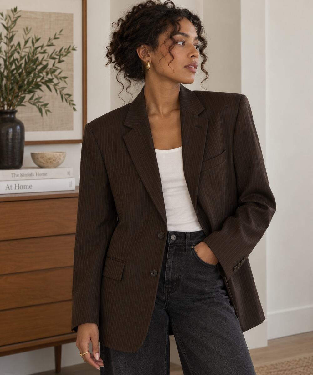 Vintage Made in France Dark Brown Pinstripe Blazer Tailored Jacket ✨